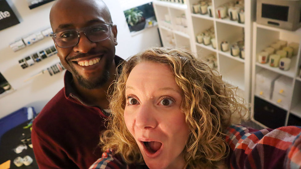 Sarah and Gabe shocked in their new home studio.