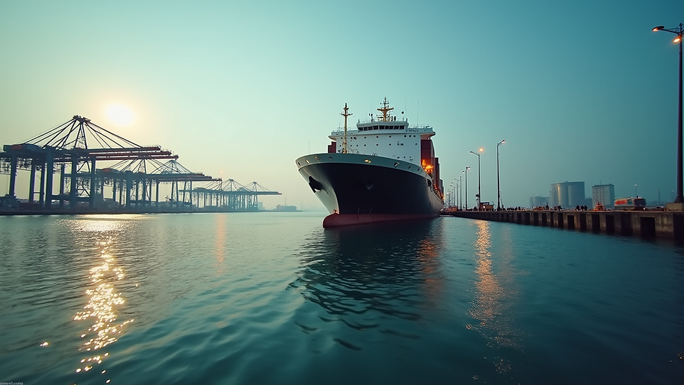 Eye-level view of a cargo ship docked at a busy port