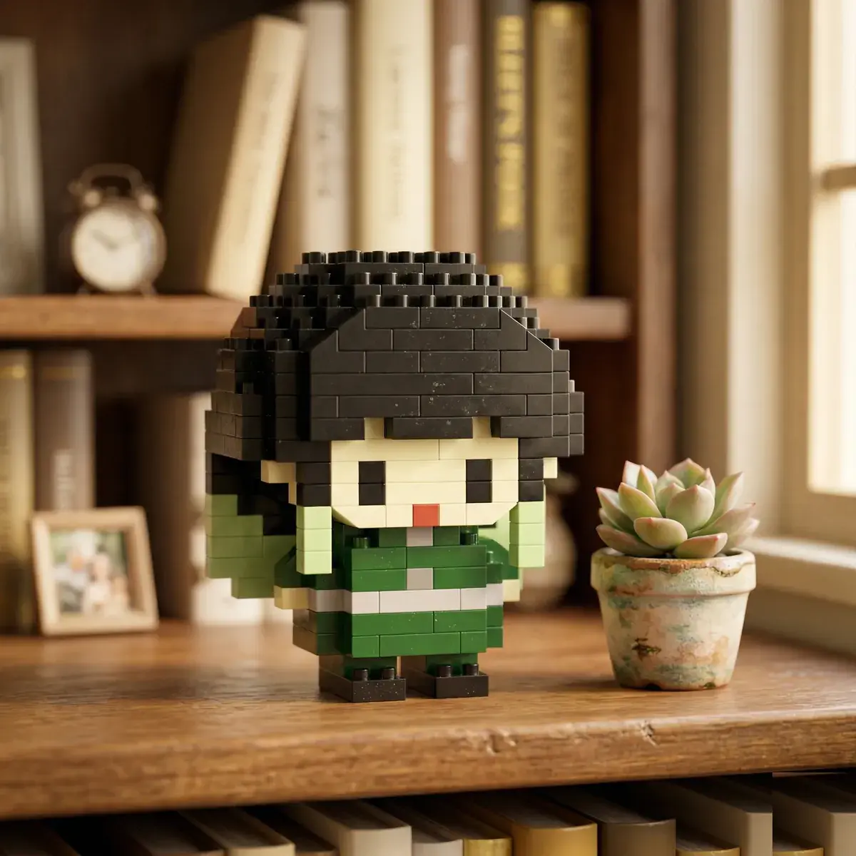 Muichiro Tokito inspired mini brick figure displayed on a wooden bookshelf next to a small succulent and vintage-style books.