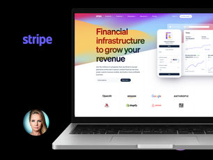Laptop displaying Stripe’s B2B homepage design with a bold headline reading “Financial infrastructure to grow your revenue,” showcasing effective layout, trust logos, and clean UI that exemplifies high-converting B2B homepage design.