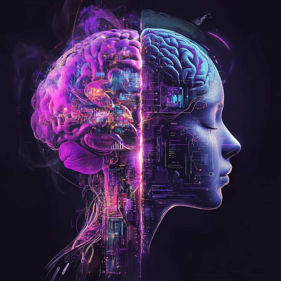 A surreal split-brain illustration showing the left side filled with wireframes and circuits (UX), and the right side glowing with creative energy and vibrant colors (UI), all accented by a soft purple hue.