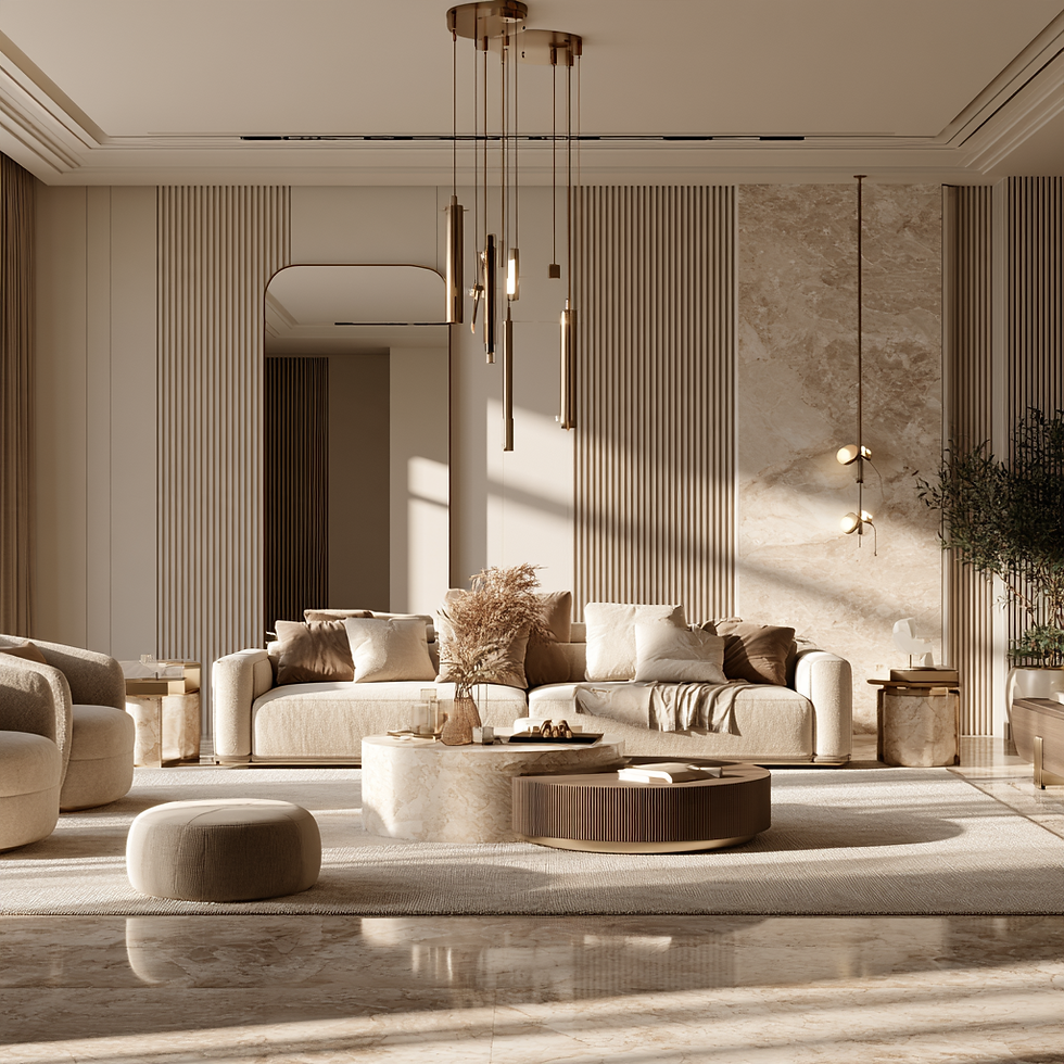 Luxury living room with a full-height mirror in a warm neutral interior, illustrating at home mirrors and Vastu mirror placement.