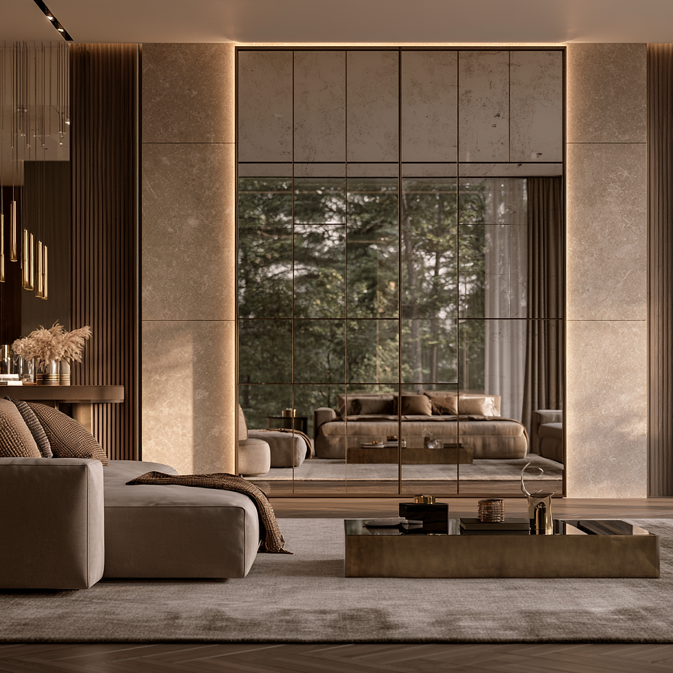 Large mirror wall made from multiple mirror panels in a luxurious neutral living room with beige, brown, and soft gold finishes.