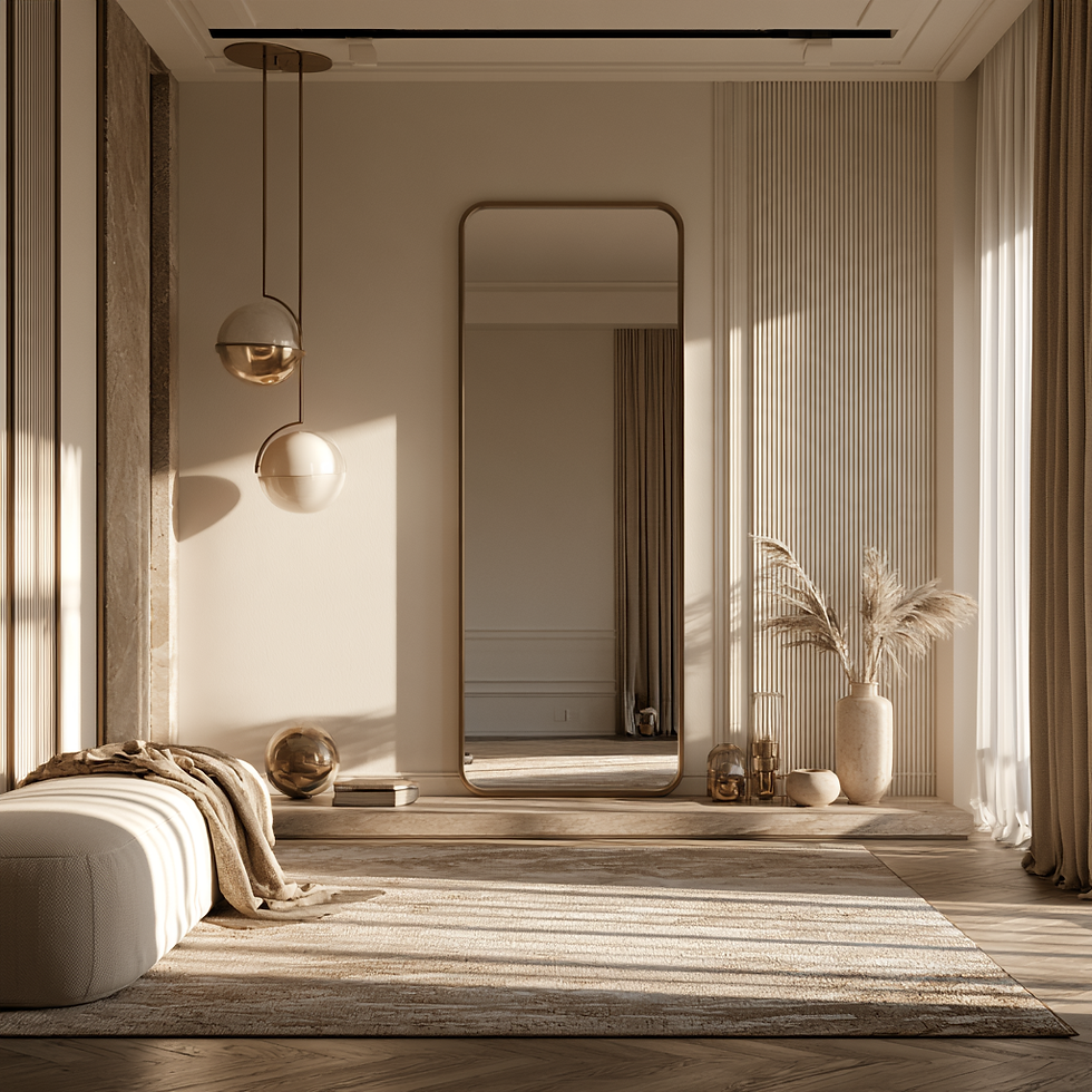 Close-up of a full-height gold-framed mirror in an elegant luxury home interior.