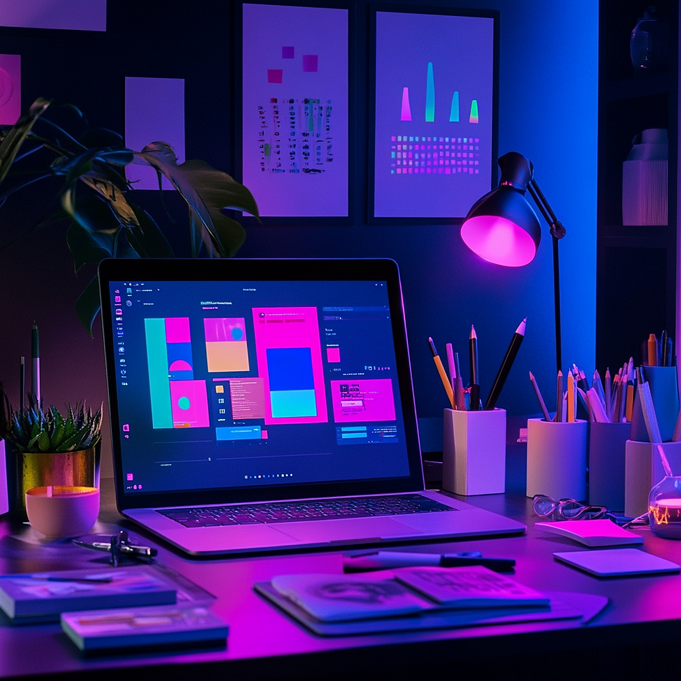 A playful and bright UI design studio with a laptop on a desk, displaying colorful UI mockups and design elements. The desk is surrounded by creative tools like pens, notebooks, and plants, with vibrant purple and blue lighting accentuating the design workspace. This scene emphasizes the dynamic and experimental nature of design UI.