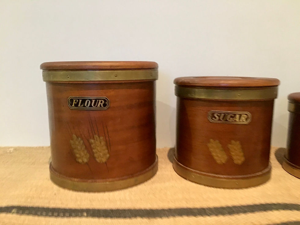 Thumbnail: Vintage Wood & Brass Kitchen Storage Jars 