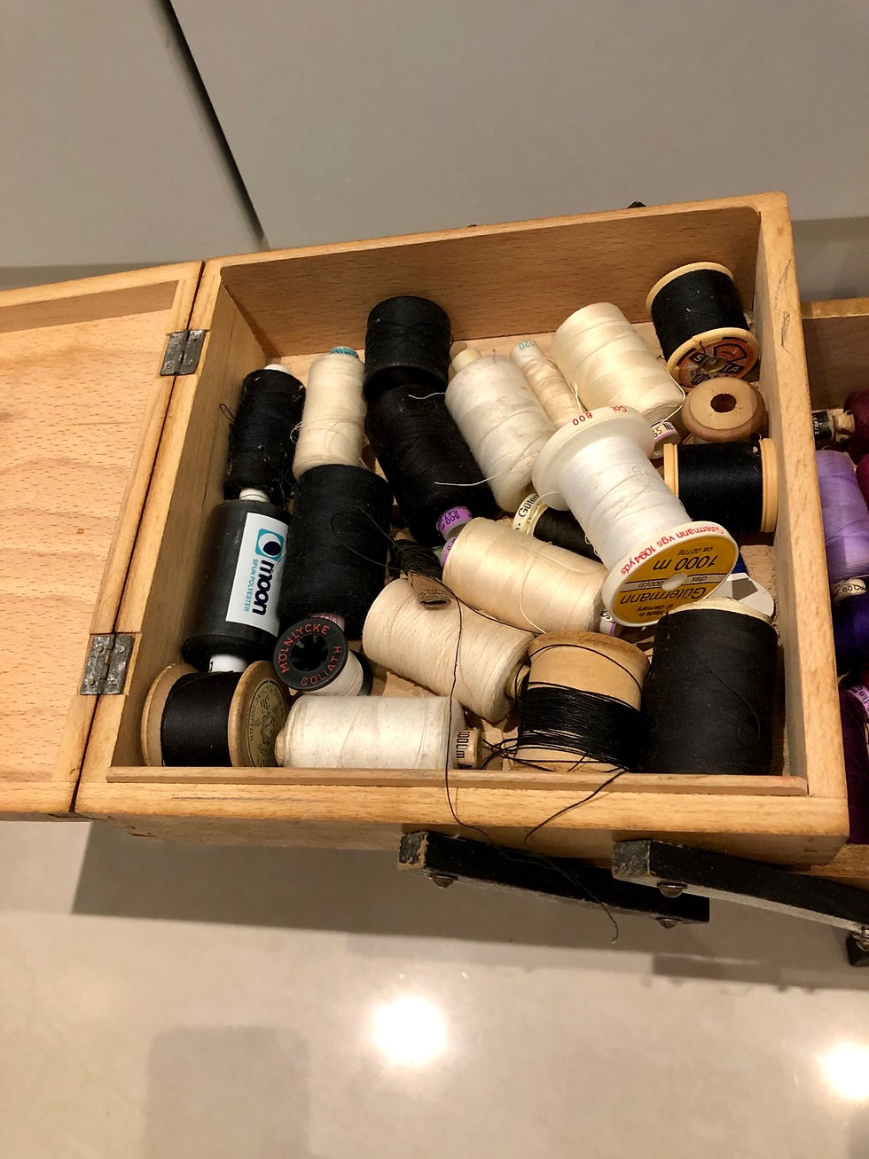 Thumbnail: Vintage 3 Tier Cantalever Wooden  Seeing Box Woth Over 150 Cotton Reels