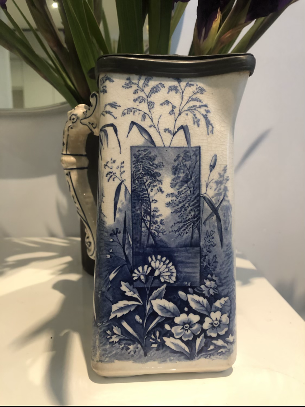 Thumbnail: Blue and White Ridgways Vista Square Jug With Pewter Lid