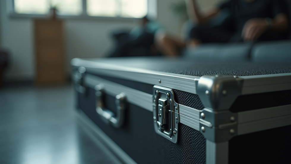 Close-up view of a specialized flight case with metal reinforcements