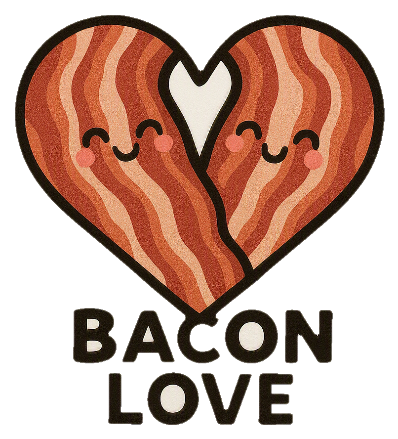 Cute smiling bacon-heart icon on white background with BACON LOVE text below.