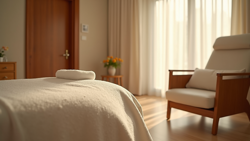 Eye-level view of a serene spa room with a comfortable massage chair and soft lighting