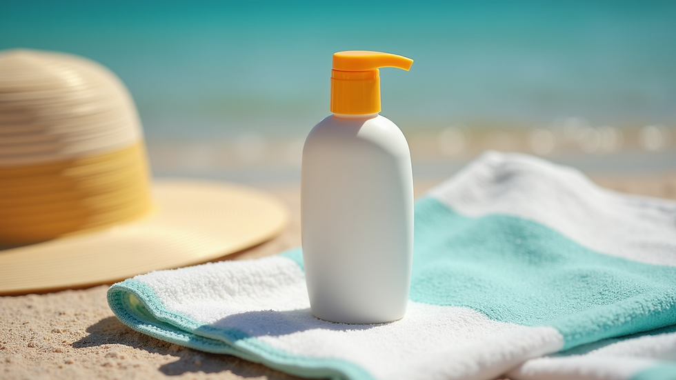 Close-up view of a sunscreen bottle on a beach towel
