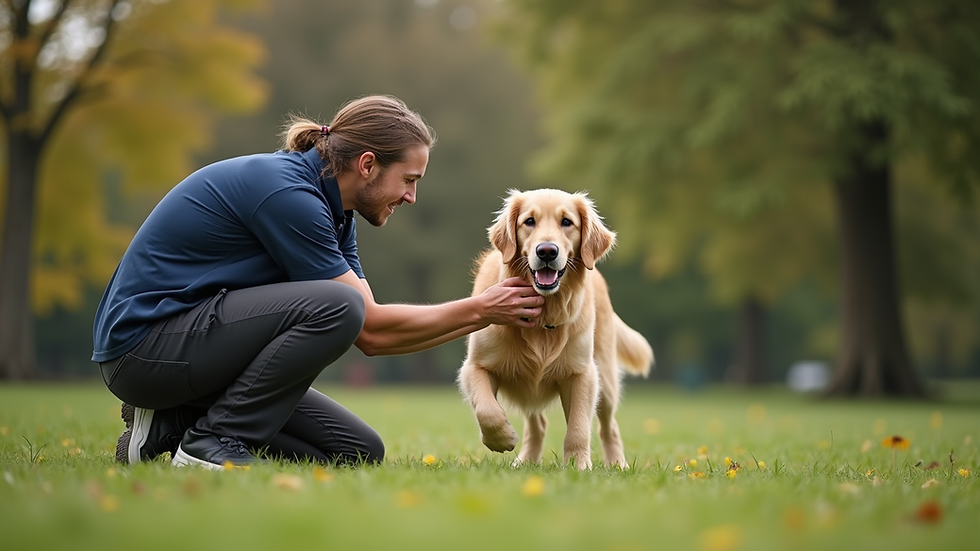 Eye-level view of a dog trainer working closely with a golden retriever in a grassy park