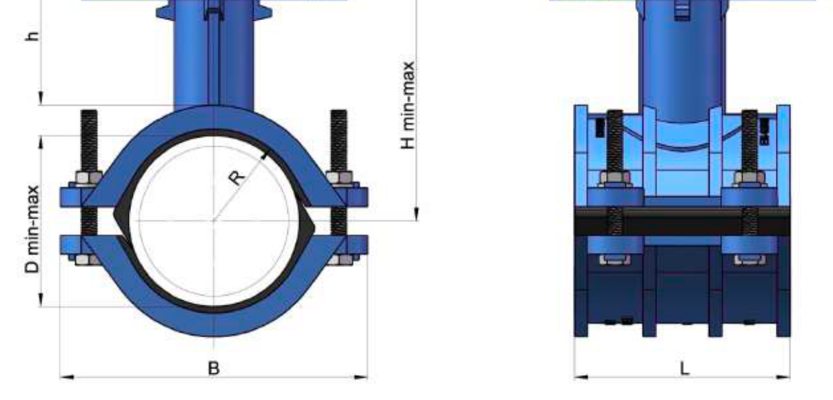 Technical drawing for Aquafitting Tapping Saddle for Pipe with Flange Branch.