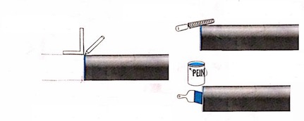 Pipe-end preparation: square cut, surface preparation and brush application. The applied material is not specified in this guide.