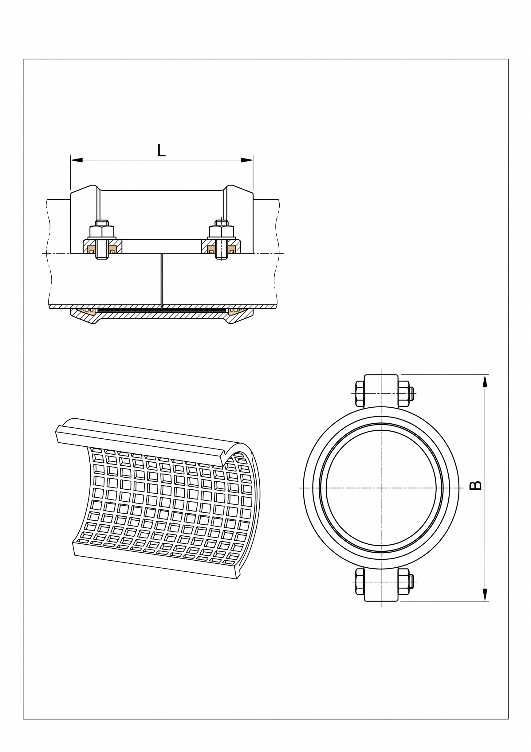 Technical drawing for Aquafitting Split Collar for PVC and PE pipes.
