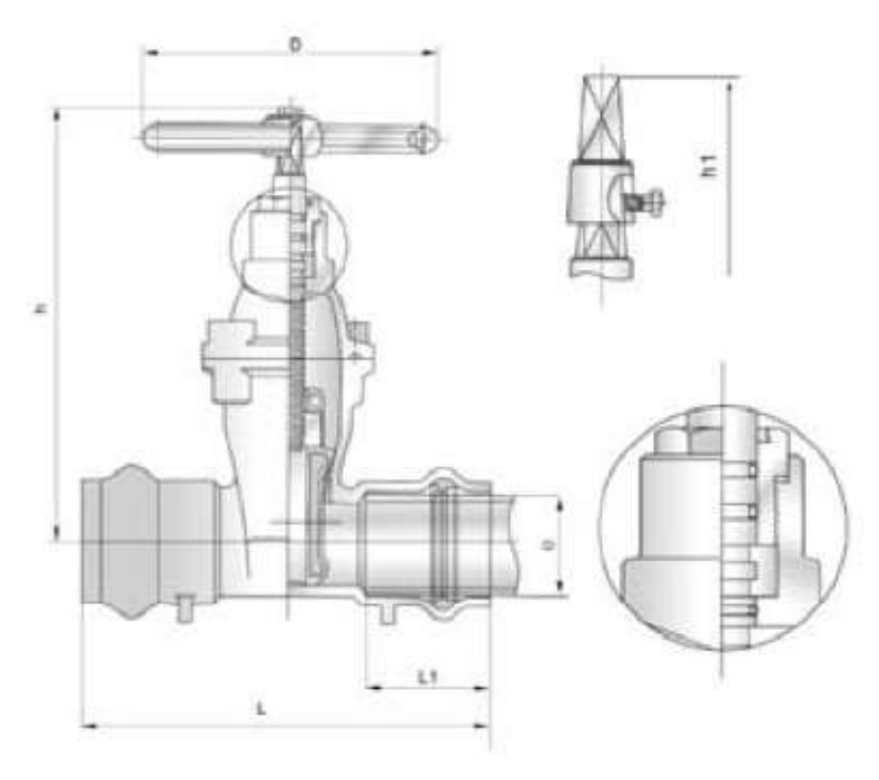 Technical drawing for Aquafitting Resilient Seated Gate Valve for PVC Pipes.