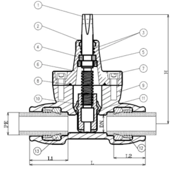 Technical drawing for Aquafitting ISO-fitting service valve.
