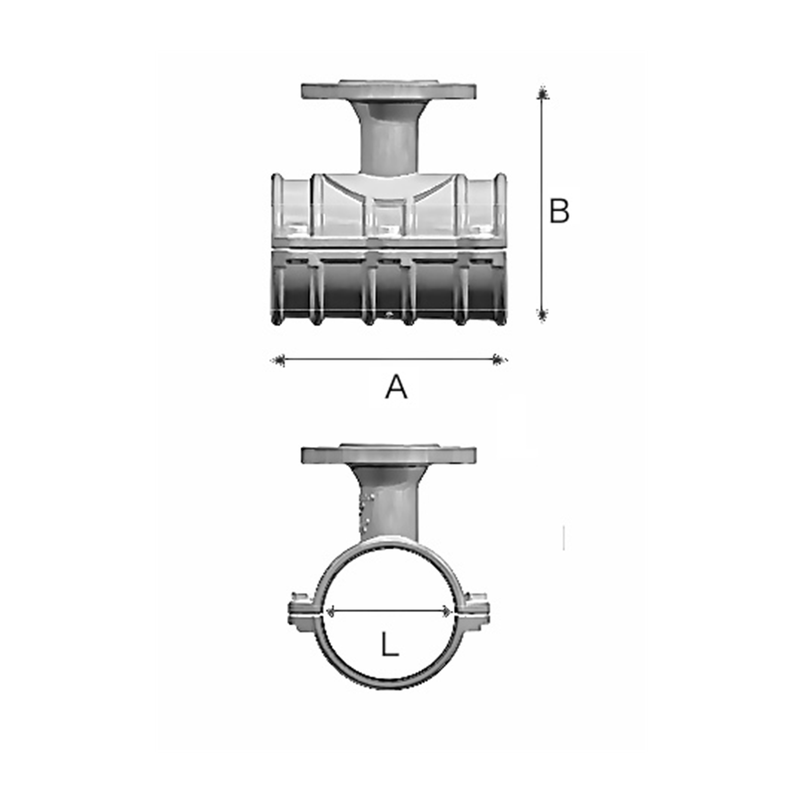 Technical drawing for Aquafitting Flanged Outlet Saddle.