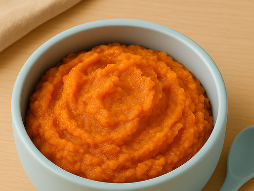 A bowl of orange mashed sweet potatoes with a blue spoon on a wooden table. A beige cloth is partially visible in the background, baby healthy foods