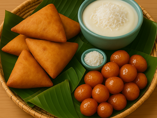 A colorful dessert spread with mandazi, kaimati, and coconut pudding on banana leaves or woven tray