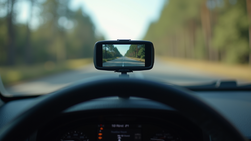 Eye-level view of a GPS device mounted on a vehicle dashboard