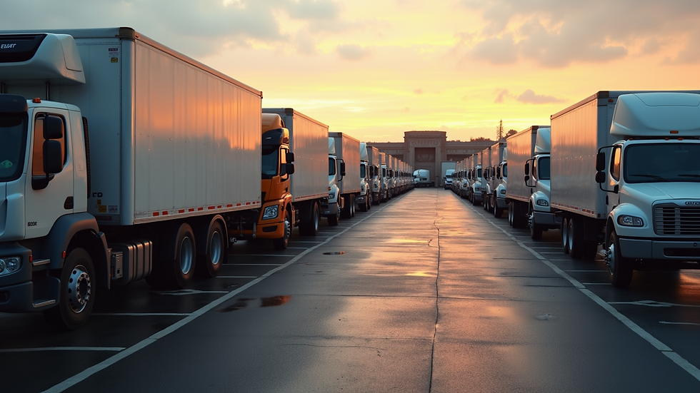 High angle view of a fleet of delivery trucks parked in a lot
