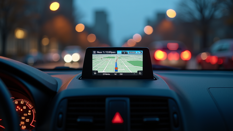 High angle view of a vehicle dashboard with a GPS tracking screen
