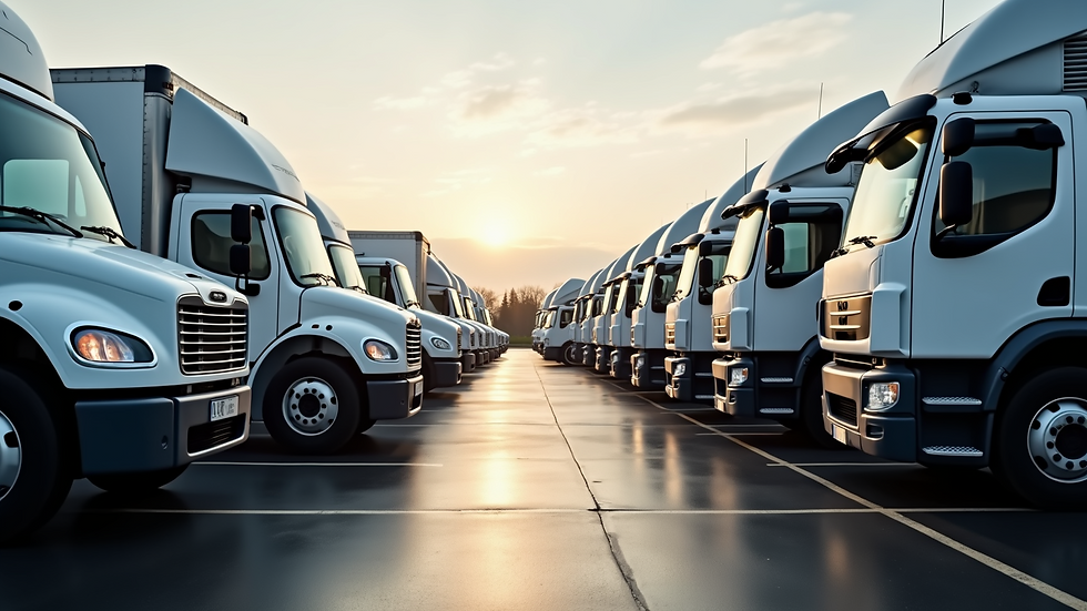 Eye-level view of a fleet of delivery trucks parked in a lot