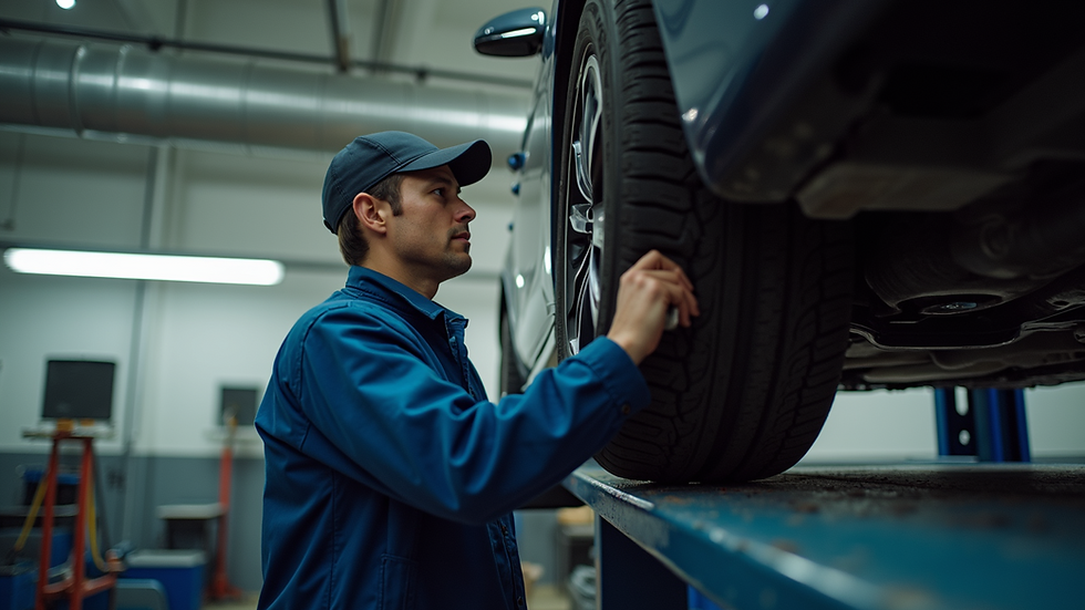 High angle view of a mechanic inspecting the underside of a car