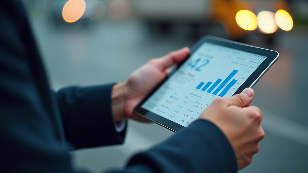 Close-up view of a fleet manager using a tablet with a fleet tracking dashboard