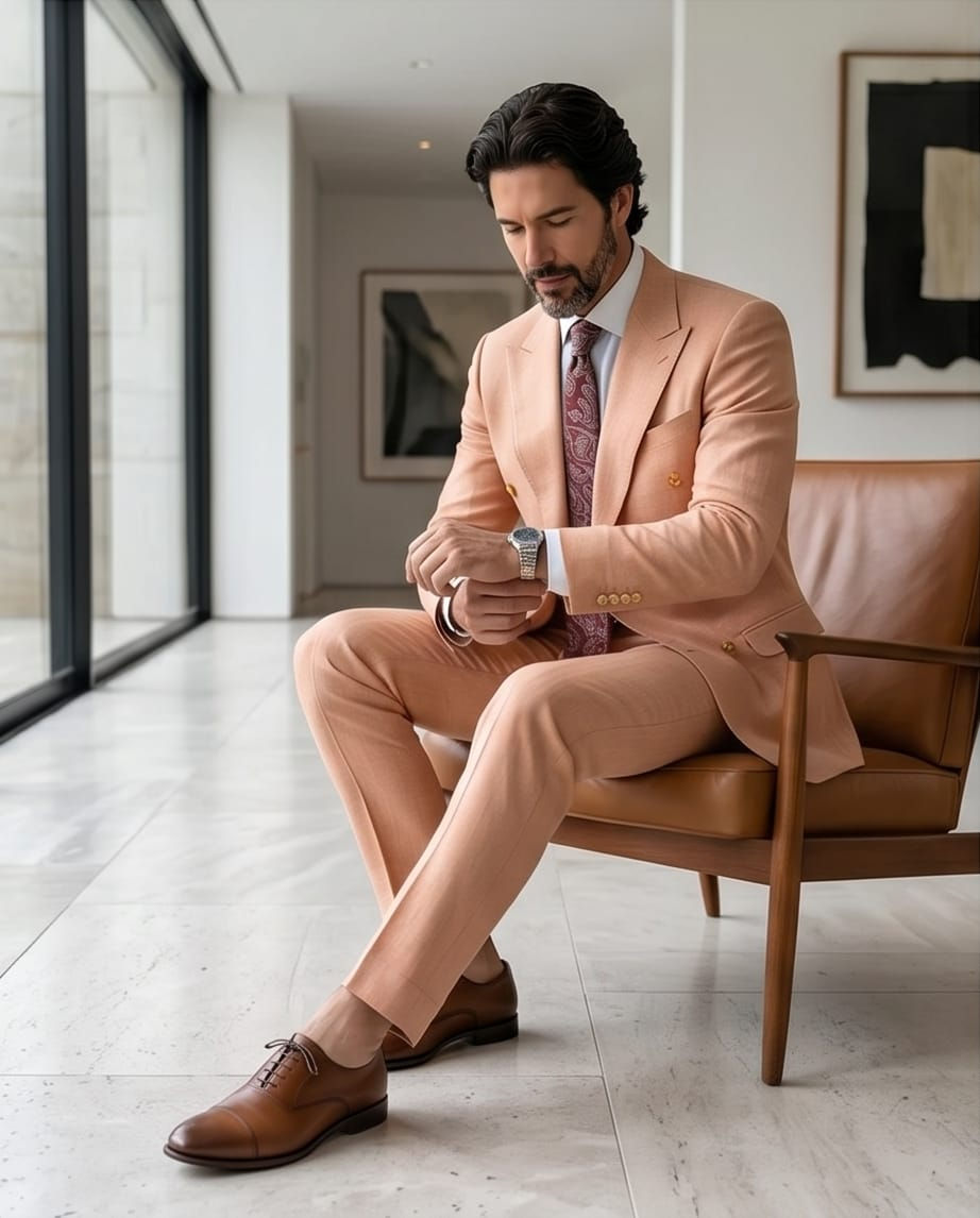 Thumbnail: Light Salmon Slim Fit Double-Breasted Suit