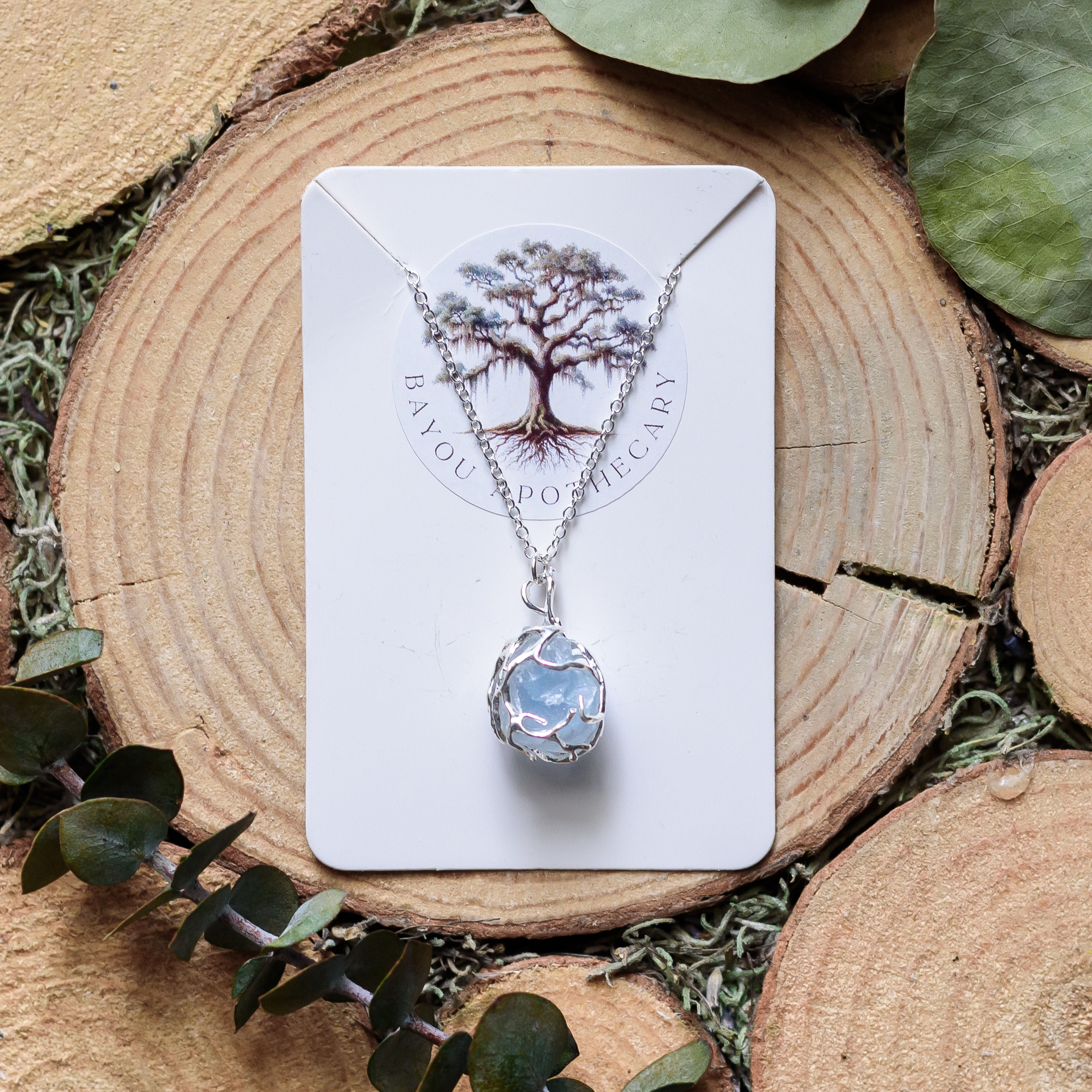 Wrapped Celestite Amulet Necklace, 24"