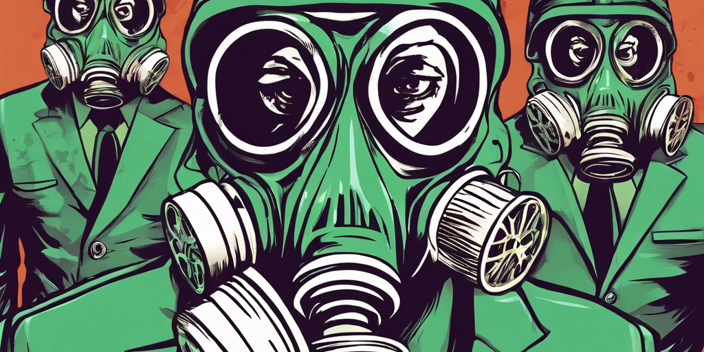 Office workers in gas masks.
