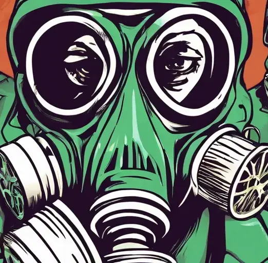 AI created drawing of men in green suits with black ties and matching green gas masks.