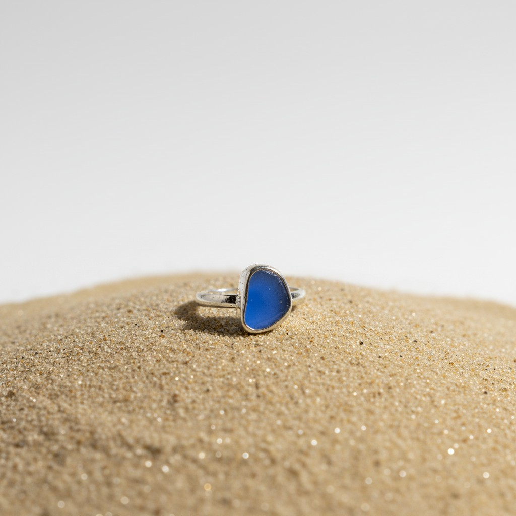 Navy Sea Glass Sterling Silver Ring 4 (UK J | US 5)