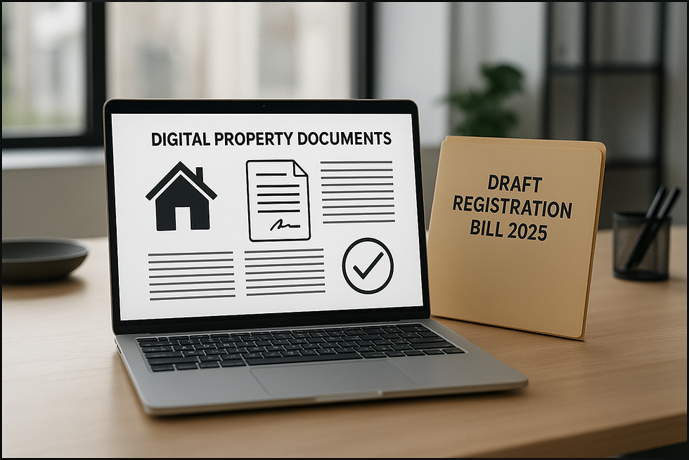 Laptop showing digital property documents with Indian real estate law book beside it, representing the 2025 draft registration bill.