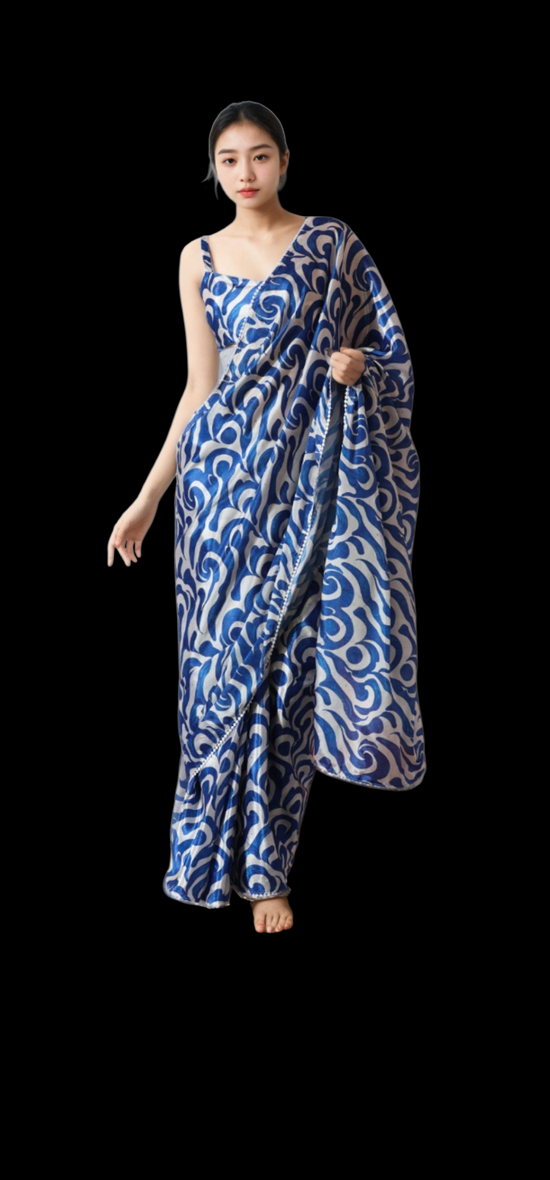 Navy Blue & White Printed Ready to wear Saree