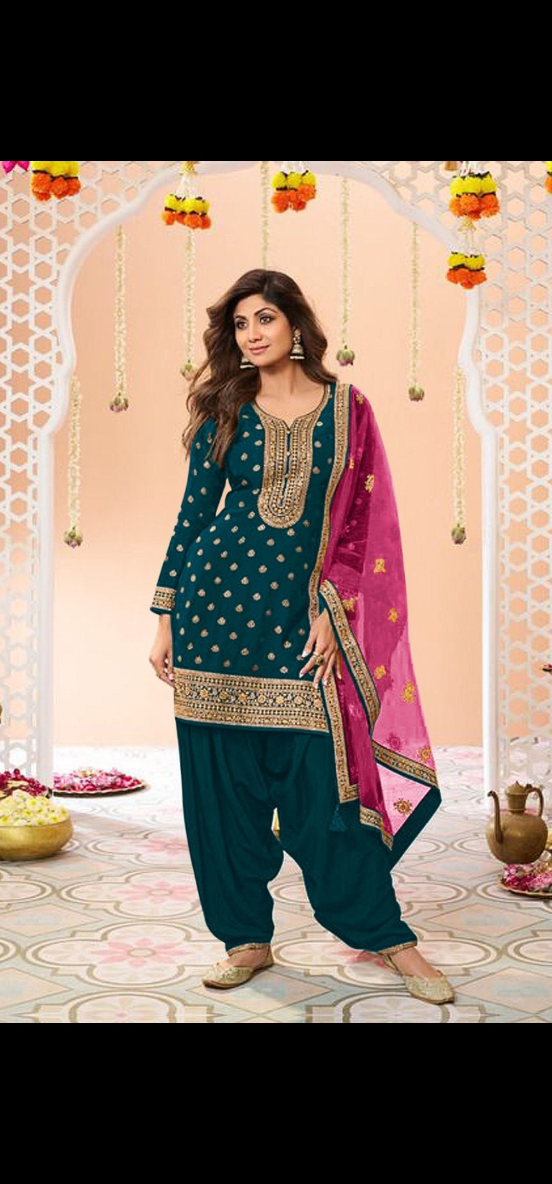 Teal Blue Patiala Suit with Pink Dupatta