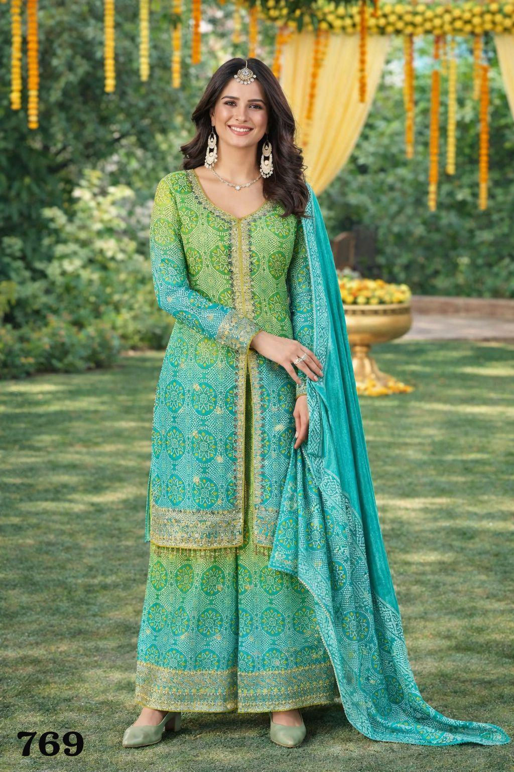 Sea Green Printed Sharara Suit Set