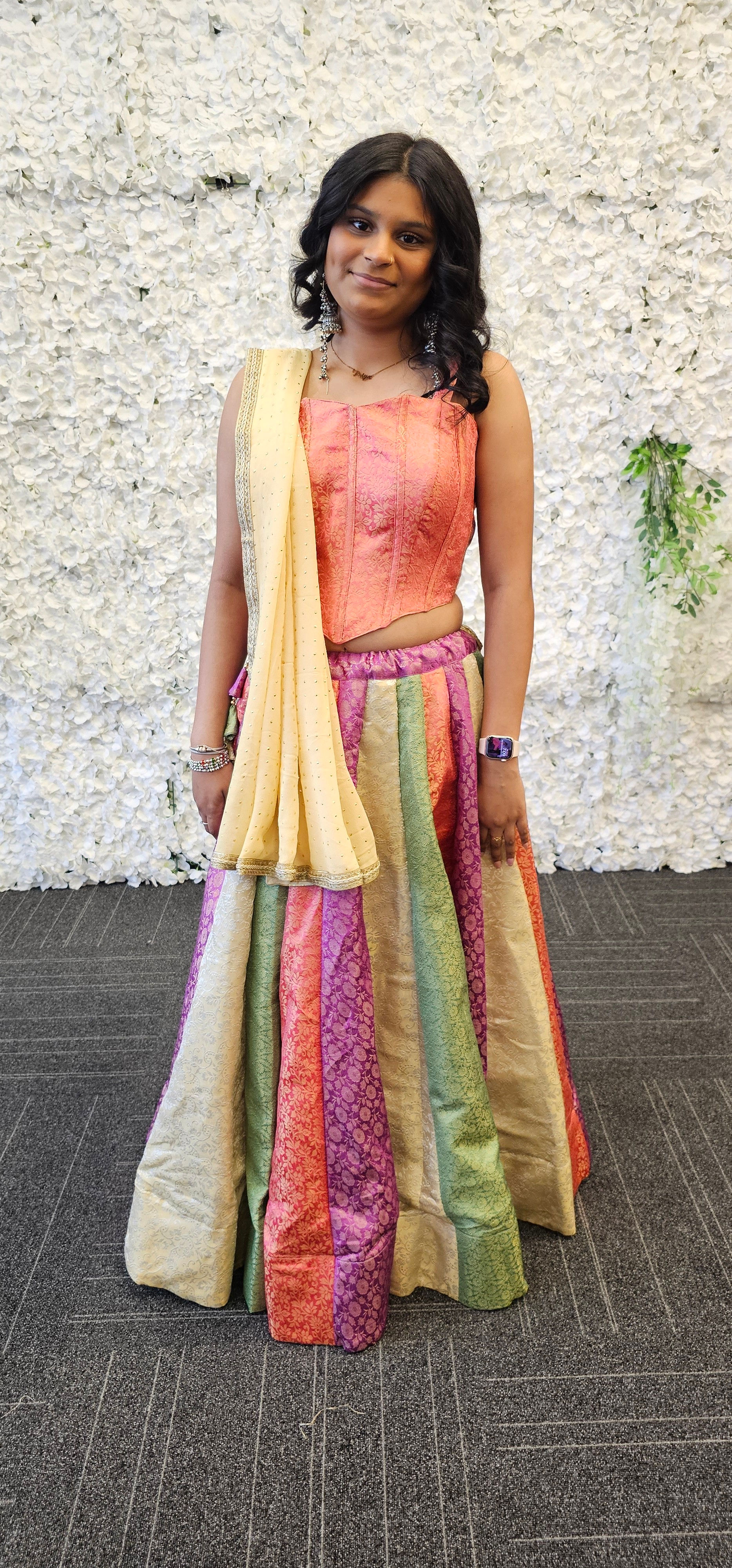 Multicolor Brocade Panel Lehenga with Peach Corset Blouse
