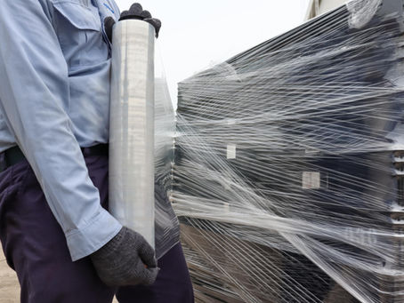 A stack of recycled stretch film rolls