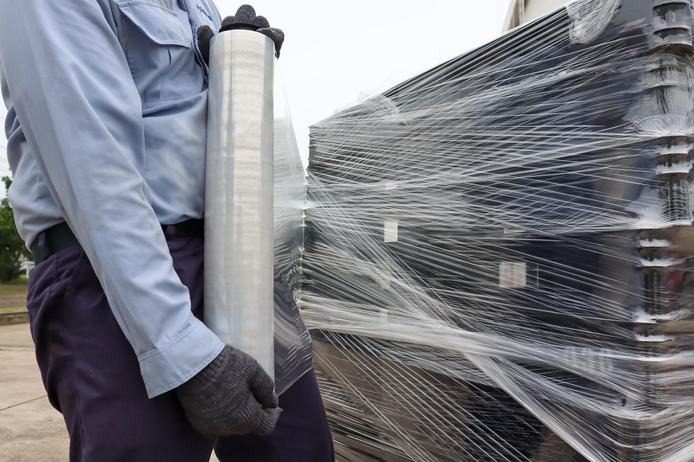 A stack of recycled stretch film rolls