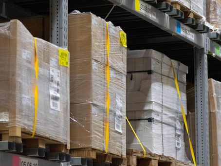 Pallets wrapped with stretch wrap in a warehouse