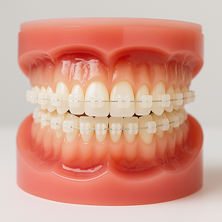 Modelo dental con brackets cerámicos claros utilizado en una clínica de ortodoncia en Nashville