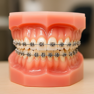 Modelo dental con brackets metálicos tradicionales usado en una clínica de ortodoncia en Nashville