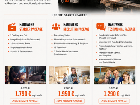 Moderner Flyer für Filmproduktion und Fotografie im Handwerk. LCA Media präsentiert Unternehmensfilme, Recruiting-Videos, Testimonial-Videos und Social Media Inhalte für Handwerksbetriebe in München und Bayern.