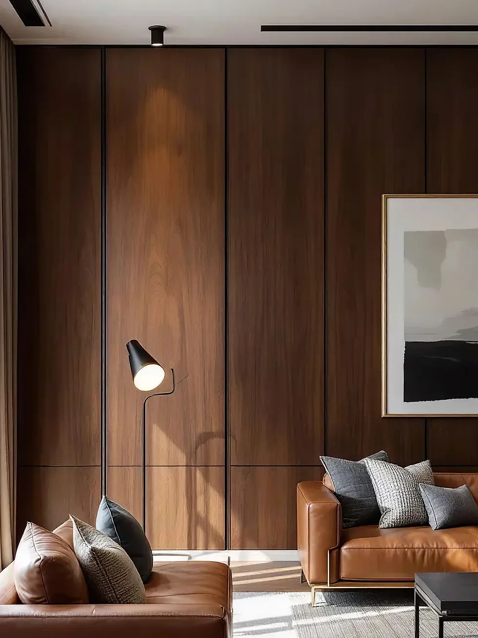 Modern living room with brown leather sofas, gray cushions, a floor lamp, and wooden panel walls. A framed abstract painting adorns the wall.