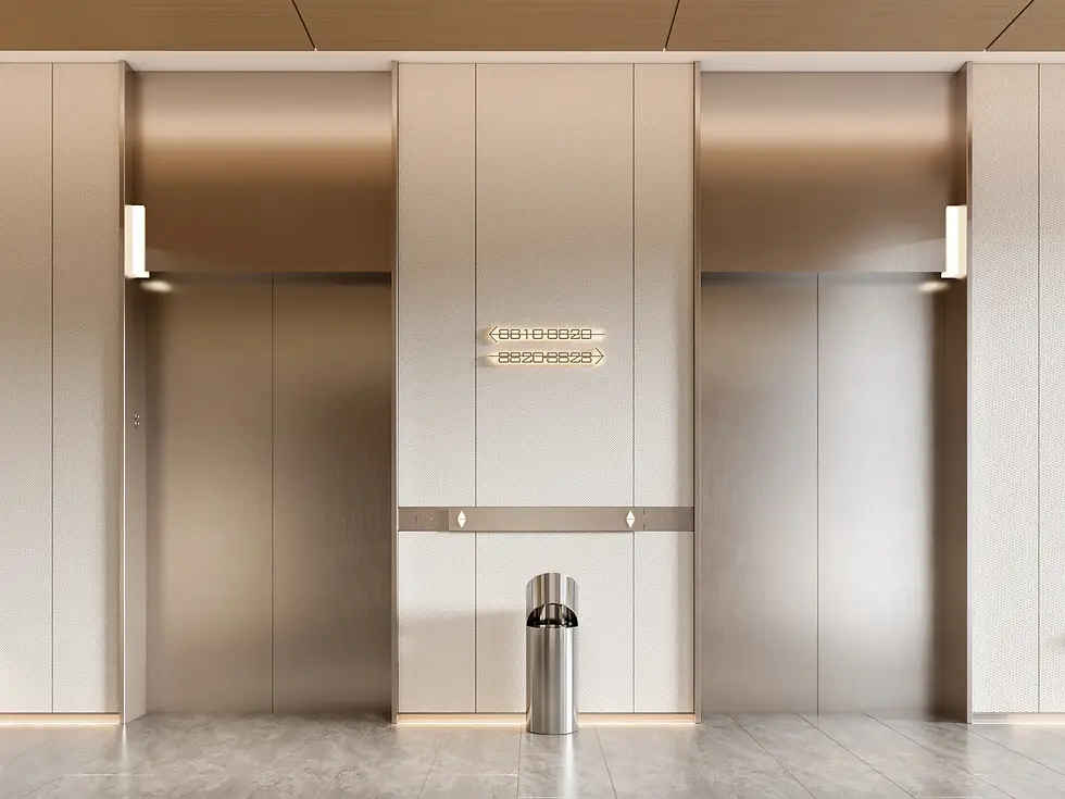 Sleek elevator lobby with two closed metal doors, a silver trash bin, and beige walls. Floor numbers 88-89 displayed on a lit panel.