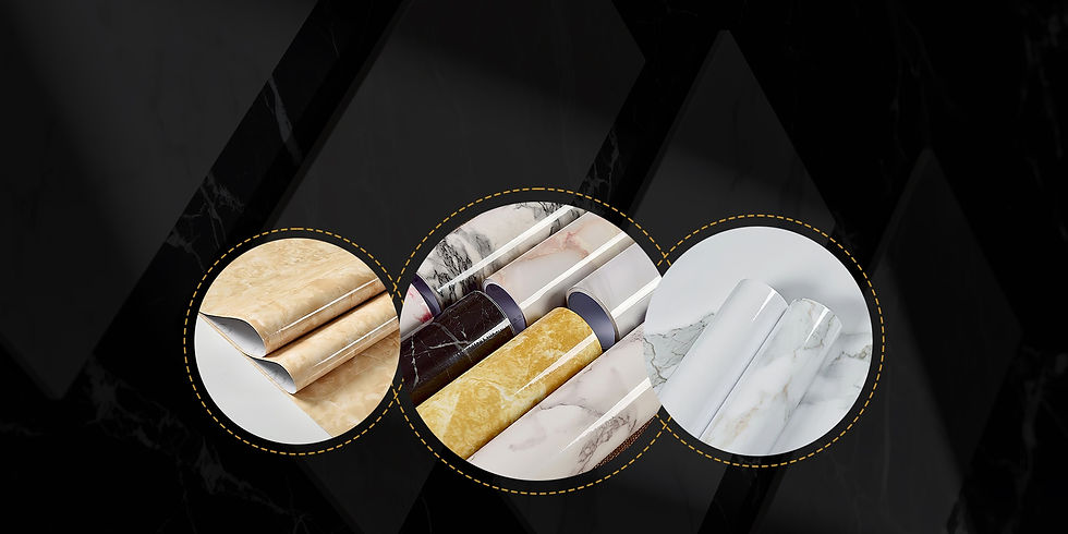 Close-up of rolls of marble-patterned paper in beige, black, and white, set against a dark, textured background with circle frames.